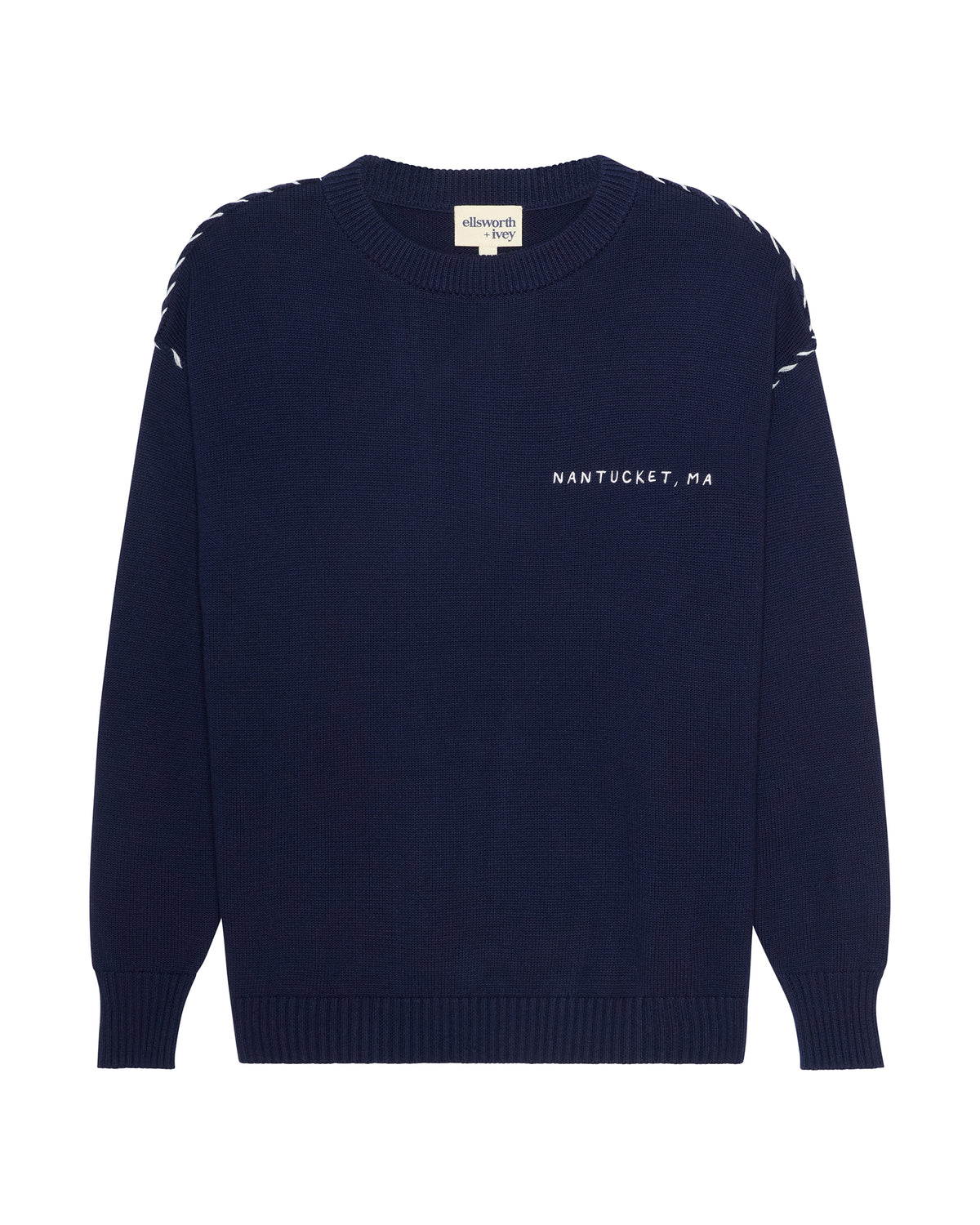 A navy blue crewneck sweater with white embroidered details, featuring 'NANTUCKET, MA' embroidered on the left chest and white stripes along the shoulders, shown on a plain white background. Riley Crew Sweater - ACK Nantucket Lobster by Ellsworth + Ivey.