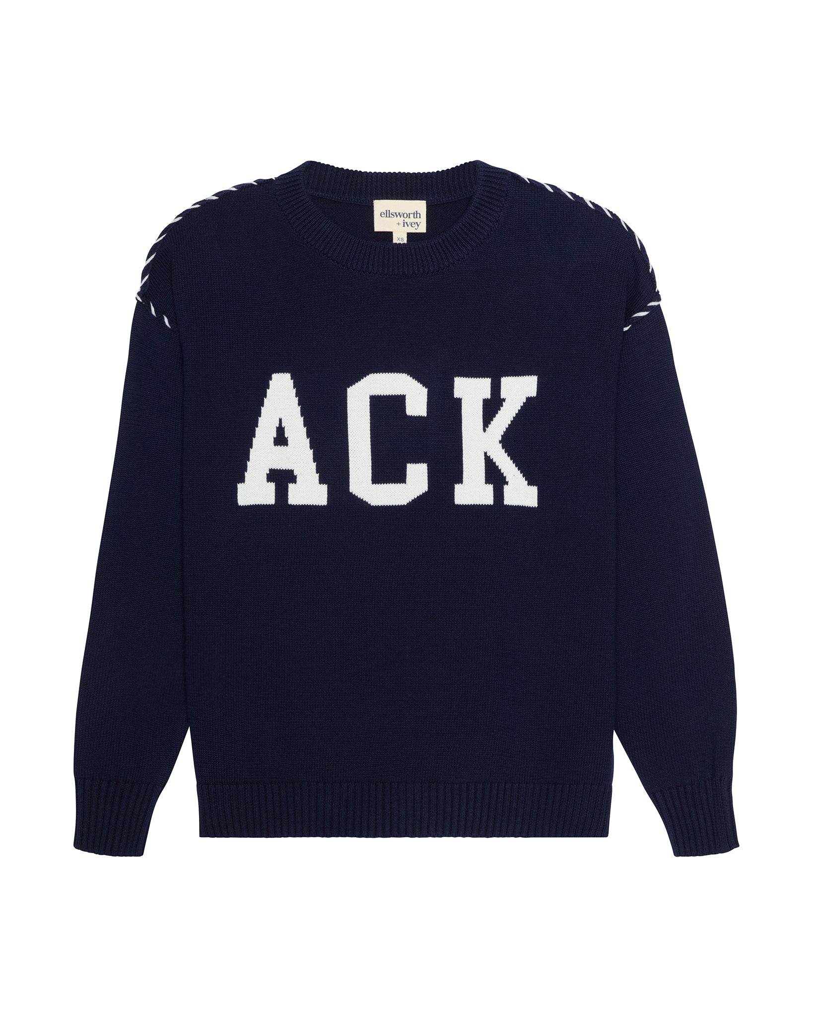 A navy blue crewneck sweater featuring the letters 'ACK' in large white varsity block font across the chest, with white contrast whip stitching along the shoulders, shown on a plain white background. Riley Crew Sweater - ACK Nantucket by Ellsworth + Ivey.