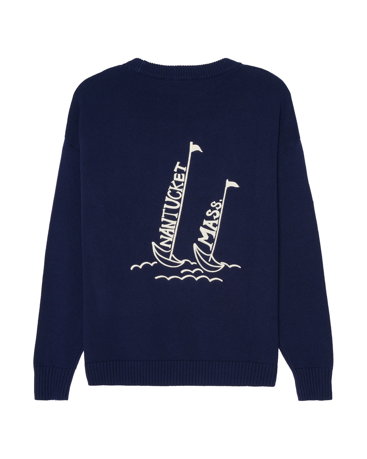 A navy blue crewneck sweater shown from the back, featuring white embroidery of two sailboats with 'NANTUCKET' and 'MASS.' written vertically on their sails. Riley Crew Sweater - ACK Sailing by Ellsworth + Ivey.