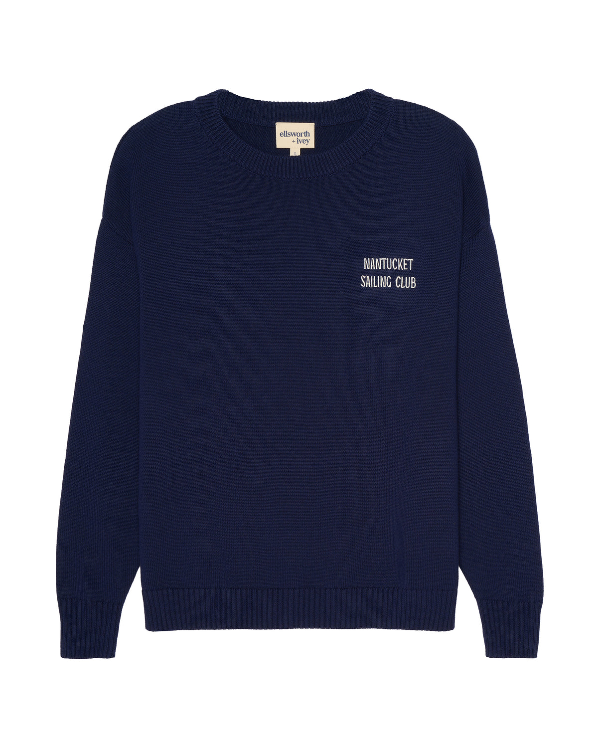 A navy blue crewneck sweater with 'NANTUCKET SAILING CLUB' embroidered in white on the left chest, displayed on a clean white background. Riley Crew Sweater - ACK Sailing by Ellsworth + Ivey.