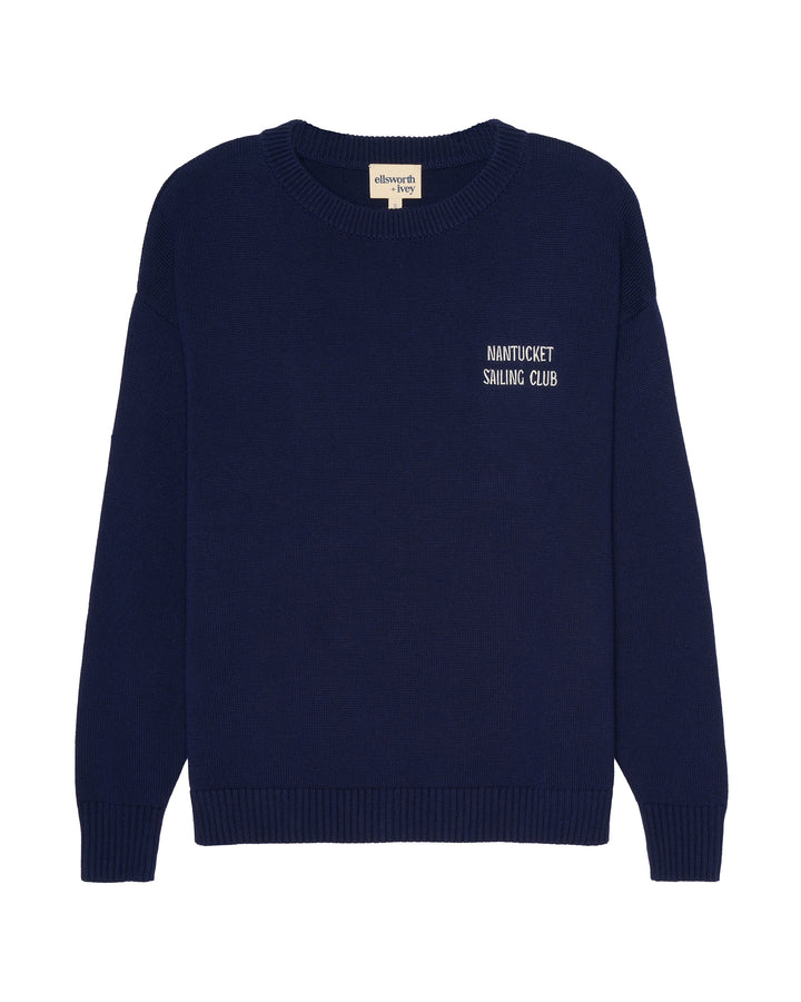 A navy blue crewneck sweater with &