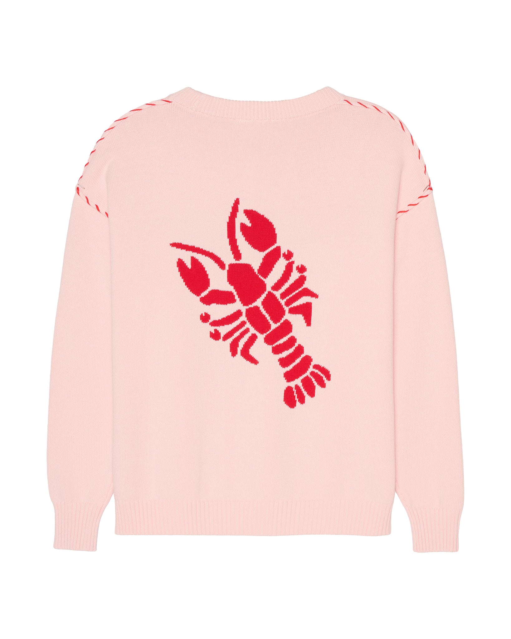 A light pink knit women's sweater with a large red lobster graphic on the back, featuring red dashed stitching along the shoulders, shown against a plain white background. Riley Crew Sweater - ACK Lobster - Ellsworth + Ivey.