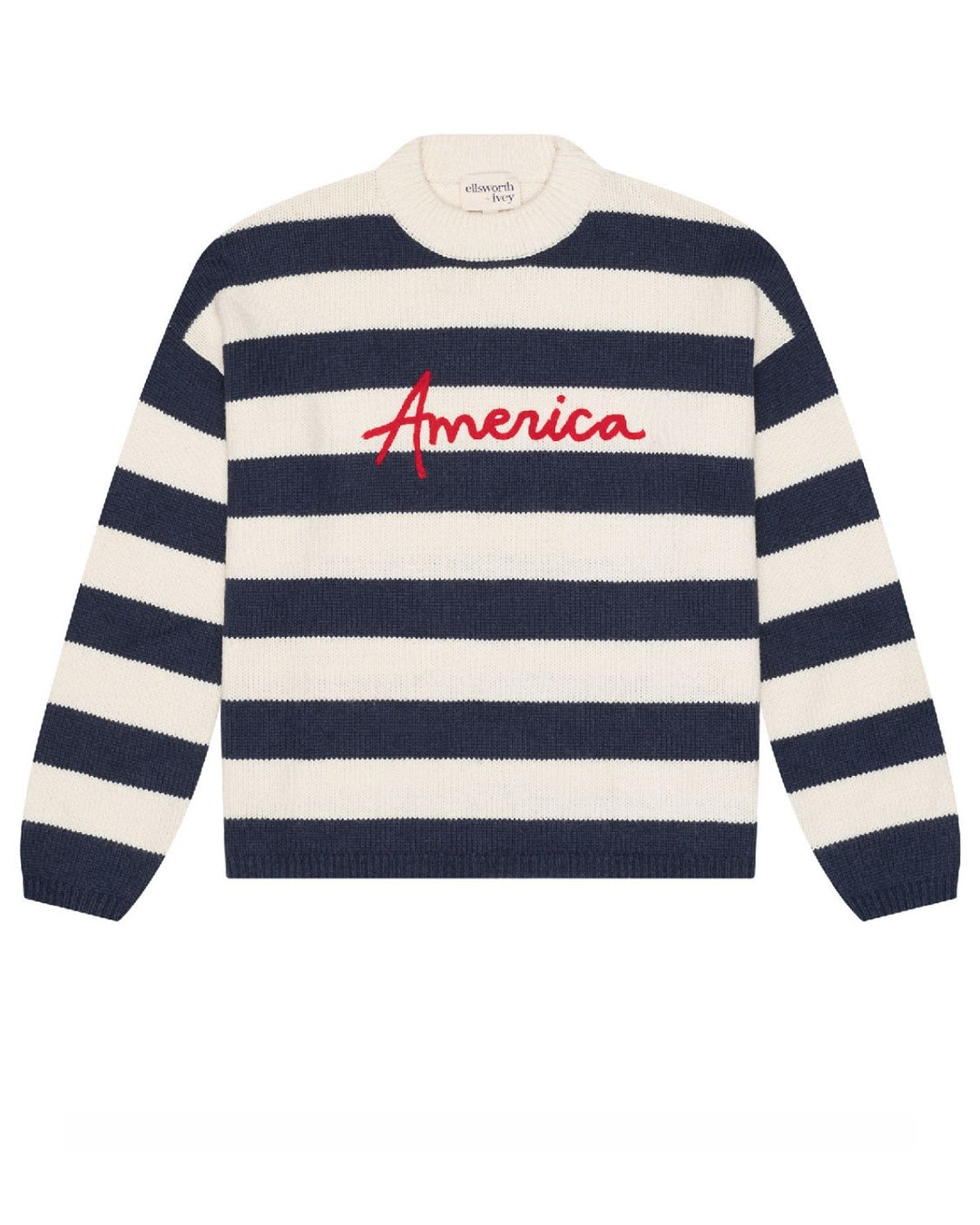 A navy and cream striped knit sweater with 'America' embroidered in red script across the chest, displayed flat against a white background. Sadie Crew - America Stripes by Ellsworth + Ivey.