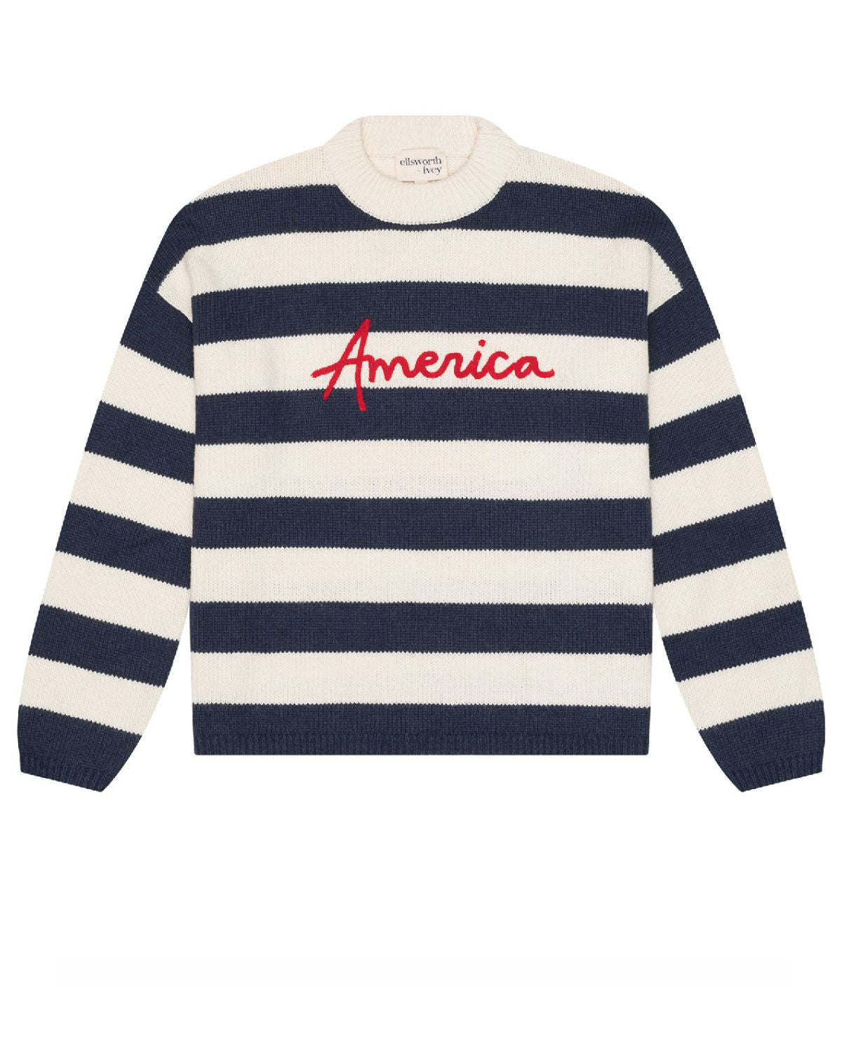 A navy and cream striped knit sweater with 'America' embroidered in red script across the chest, displayed flat against a white background. Sadie Crew - America Stripes by Ellsworth + Ivey.