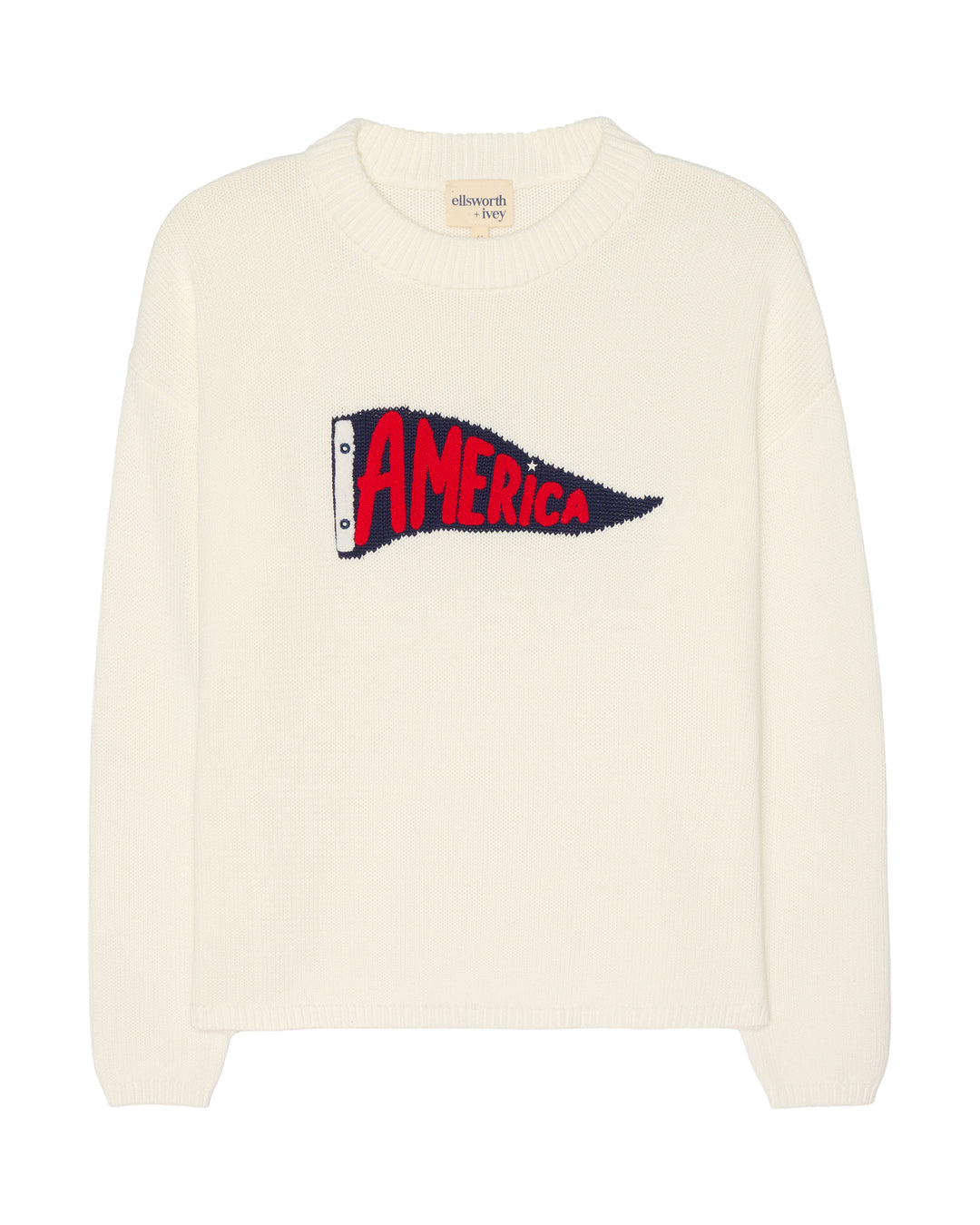 An ivory off-white crewneck women's sweater featuring a knitted red and navy blue pennant flag graphic on the chest with the word 'AMERICA' in red. Sadie Crew - America Pennant by Ellsworth + Ivey.