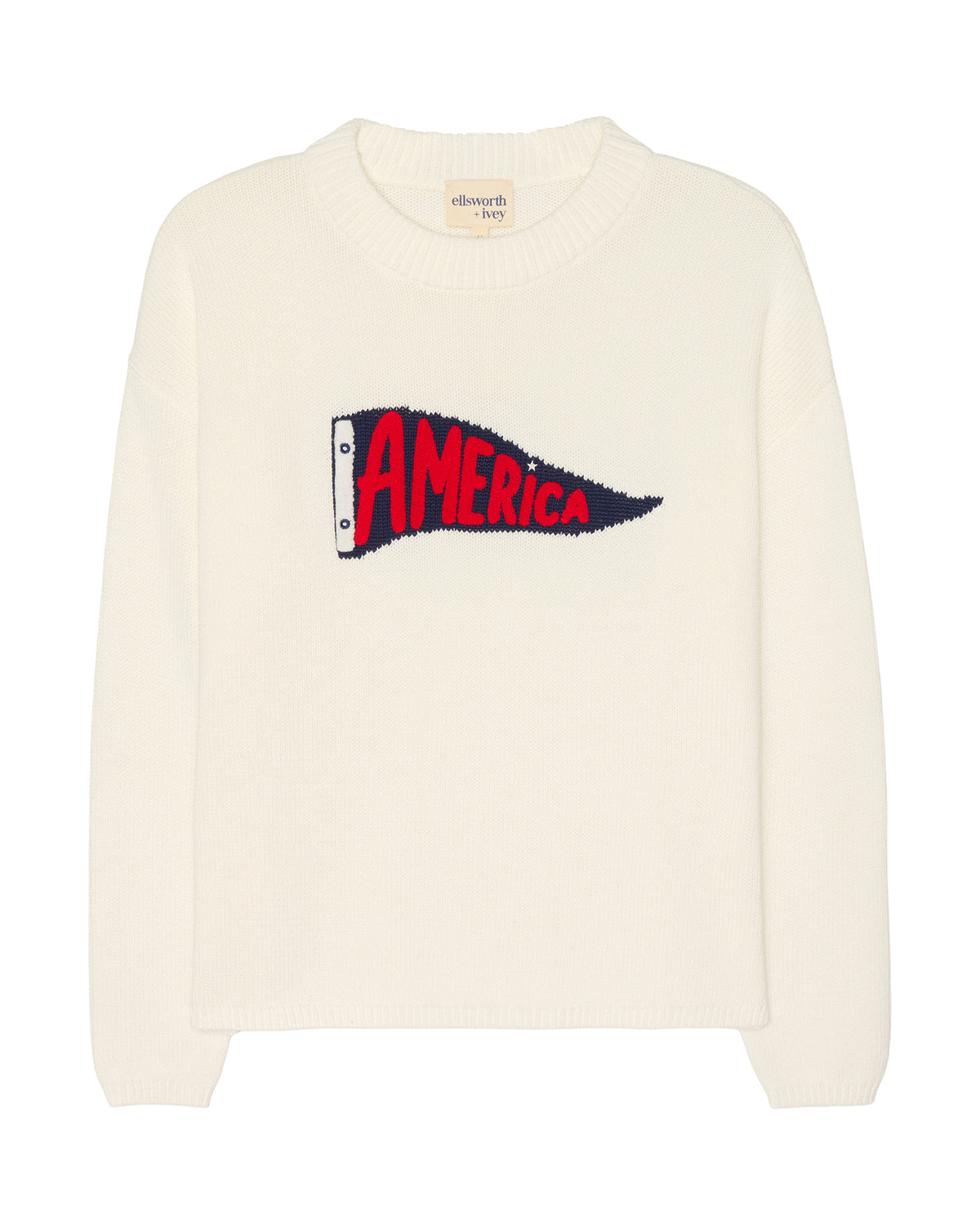 An ivory off-white crewneck women's sweater featuring a knitted red and navy blue pennant flag graphic on the chest with the word 'AMERICA' in red. Sadie Crew - America Pennant by Ellsworth + Ivey.