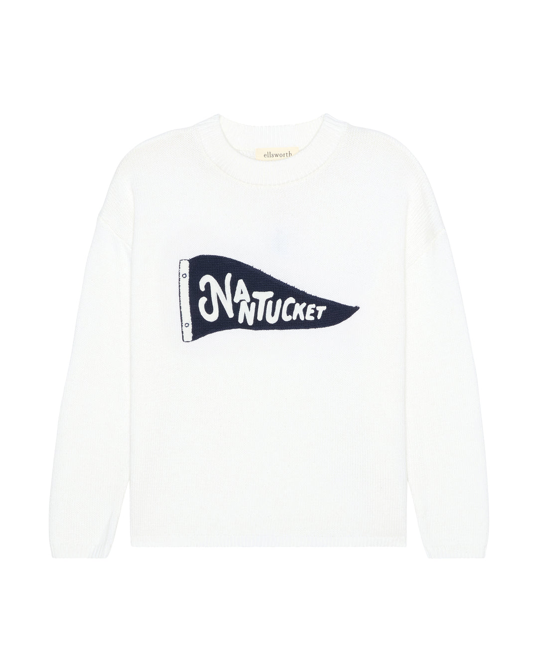 An ivory white knit crewneck women's sweater with a blue pennant flag with Nantucket lettering, on a white background. Sadie Crew Sweater Nantucket Pennant by Ellsworth + Ivey