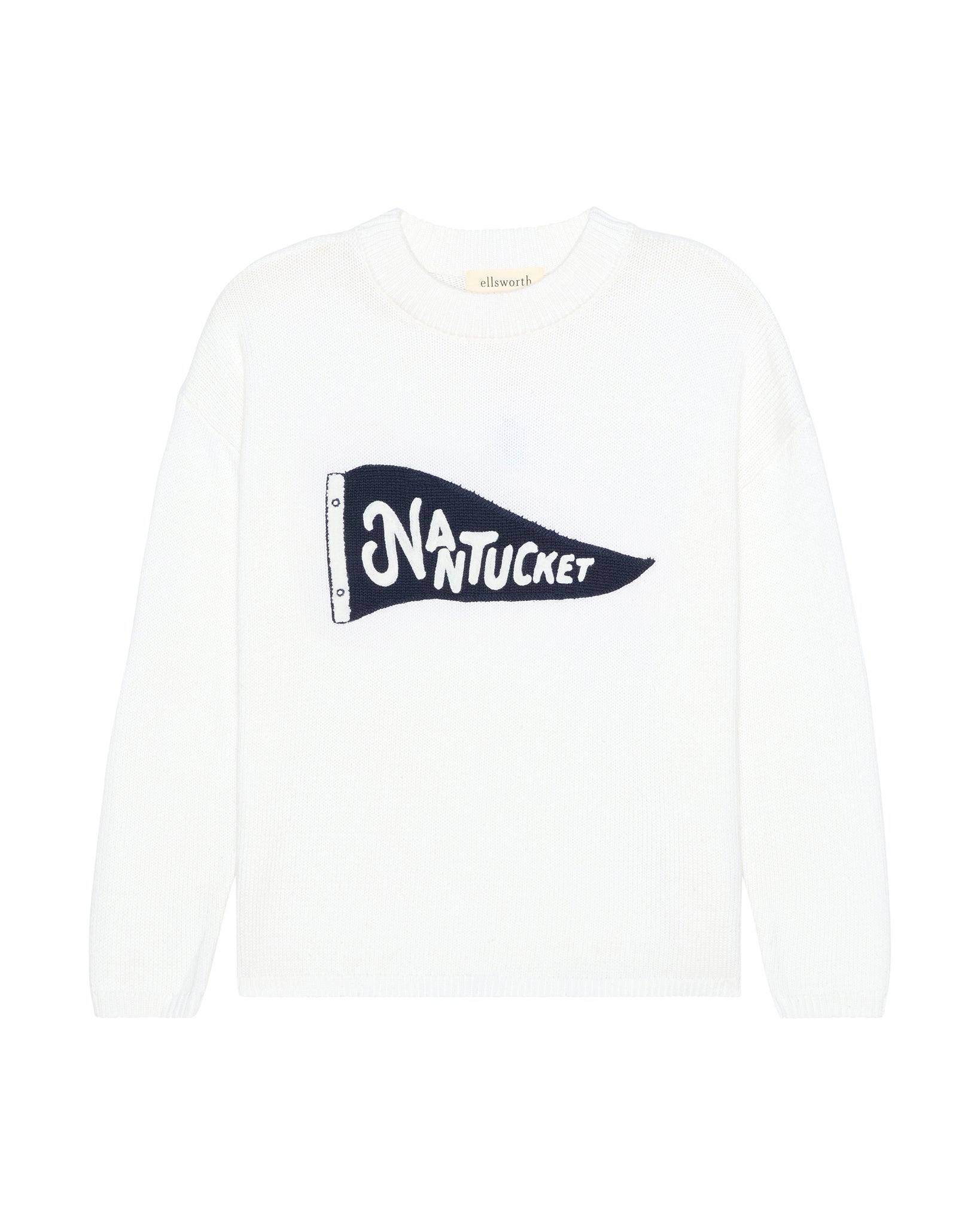 An ivory white knit crewneck women's sweater with a blue pennant flag with Nantucket lettering, on a white background. Sadie Crew Sweater Nantucket Pennant by Ellsworth + Ivey