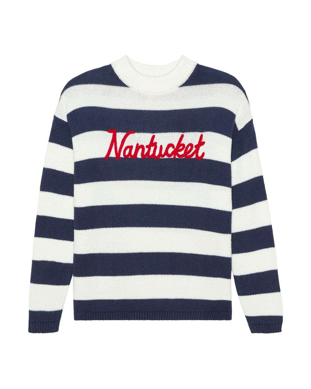 A navy and white horizontally striped knit women's sweater with 'Nantucket' embroidered in red script across the chest, displayed on a clean white background. Sadie Crew - Nantucket Stripes by Ellsworth + Ivey.