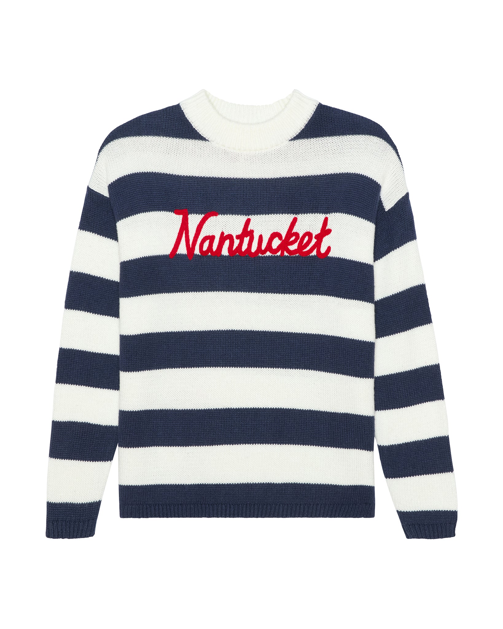 A navy and white horizontally striped knit women's sweater with 'Nantucket' embroidered in red script across the chest, displayed on a clean white background. Sadie Crew - Nantucket Stripes by Ellsworth + Ivey.