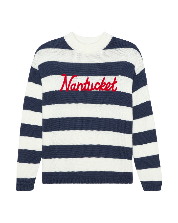 A navy and white horizontally striped knit women&