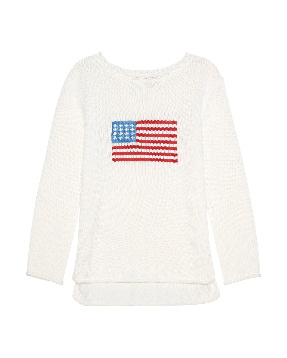 An off-white long-sleeve knit top featuring a red, white, and blue American flag graphic on the chest, displayed against a solid white background. Midweight Crew American Flag by Ellsworth + Ivey.