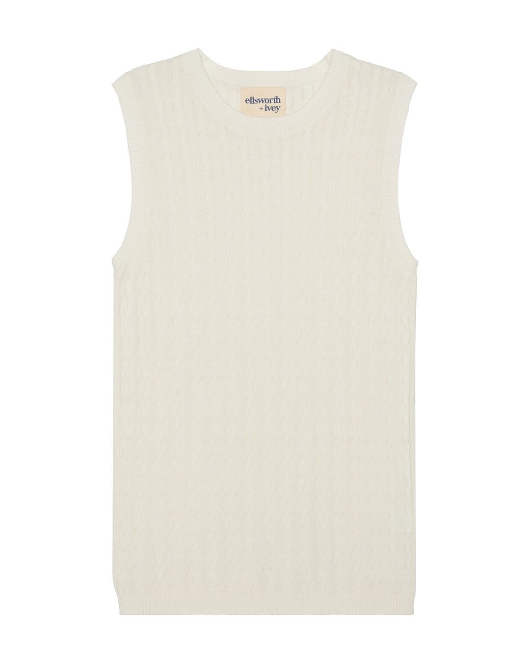 An ivory off-white ribbed sleeveless women's sweater with a crew neck, shown flat against a white background. Violet Cashmere Cable Knit Sleeveless Sweater in Ivory by Ellsworth + Ivey.