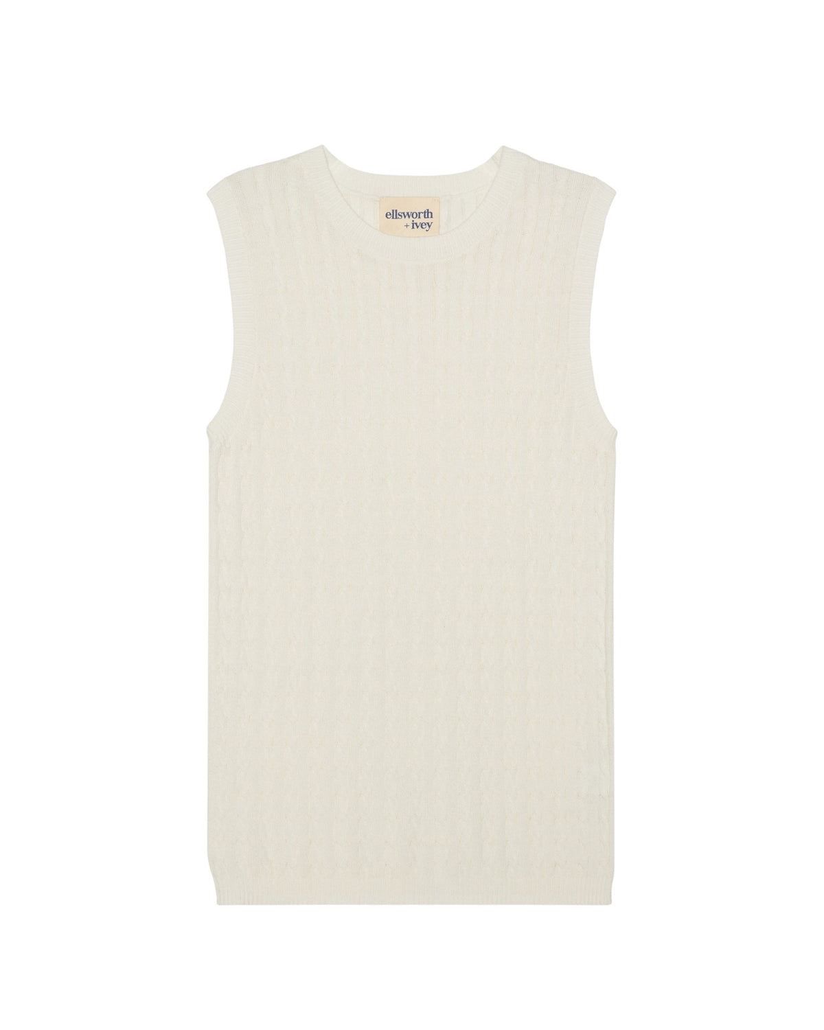 An ivory off-white ribbed sleeveless women's sweater with a crew neck, shown flat against a white background. Violet Cashmere Cable Knit Sleeveless Sweater in Ivory by Ellsworth + Ivey.