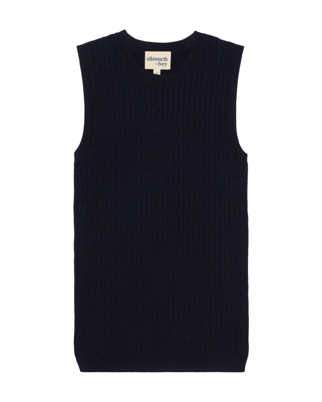 A sleeveless ribbed knit women's sweater vest in dark navy blue, shown flat against a plain white background. Violet Cashmere Cable Knit Sleeveless Sweater in Oatmeal by Ellsworth + Ivey.