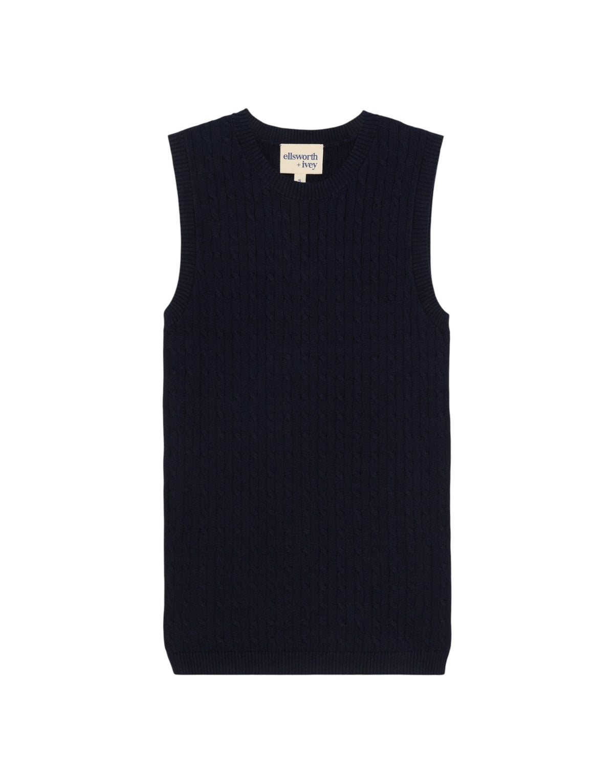 A sleeveless ribbed knit women's sweater vest in dark navy blue, shown flat against a plain white background. Violet Cashmere Cable Knit Sleeveless Sweater in Navy by Ellsworth + Ivey.