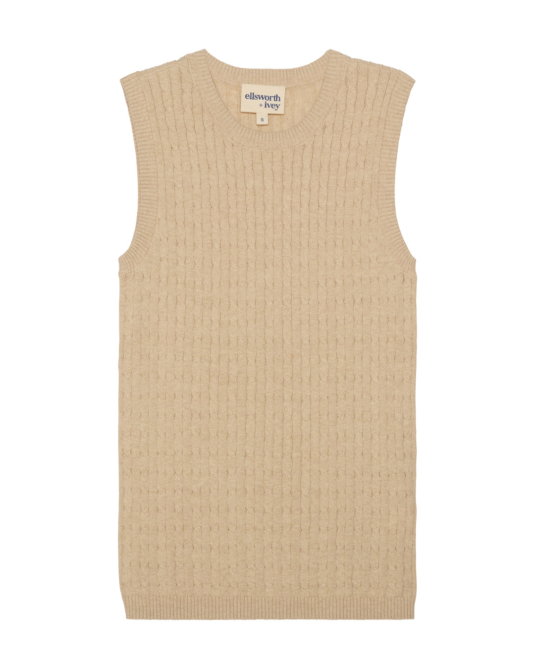 A sleeveless beige ribbed knit women's sweater vest with a crew neck, shown flat against a white background. Violet Cashmere Cable Knit Sleeveless Sweater in Oatmeal by Ellsworth + Ivey.