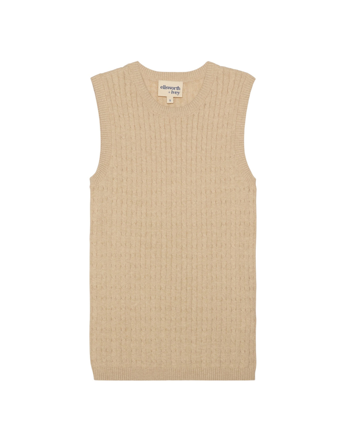 A sleeveless beige ribbed knit women's sweater vest with a crew neck, shown flat against a white background. Violet Cashmere Cable Knit Sleeveless Sweater in Oatmeal by Ellsworth + Ivey.