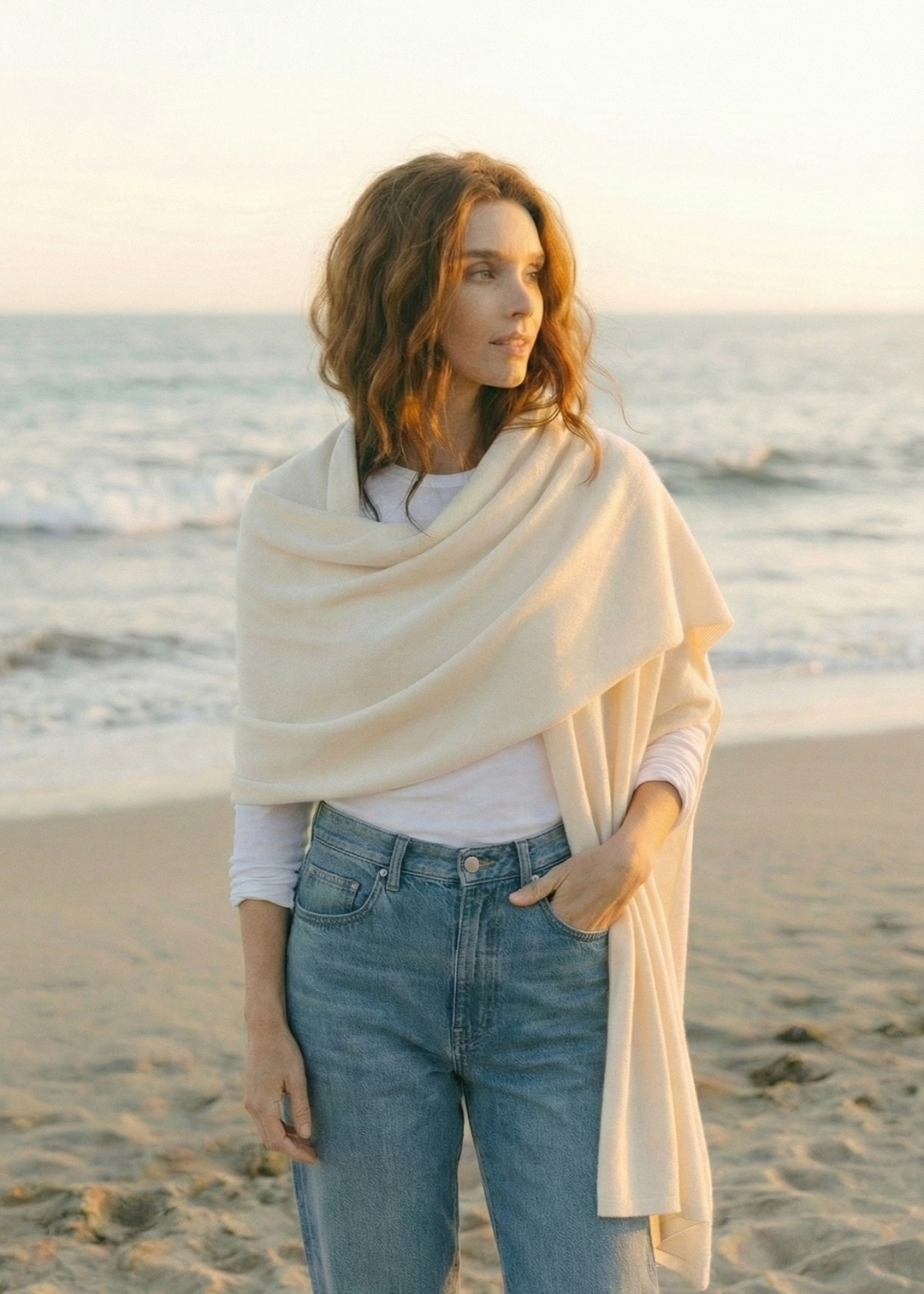 Cashmere and Wool Long Knit Travel Wrap Scarf in Ivory Cream.