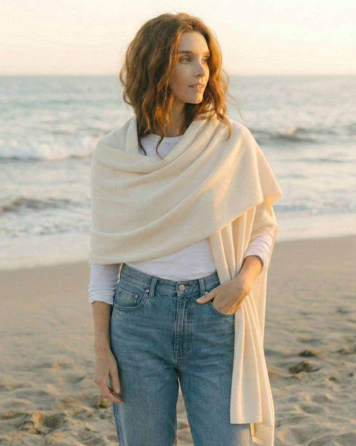 Cashmere and Wool Long Knit Travel Wrap Scarf in Ivory Cream.