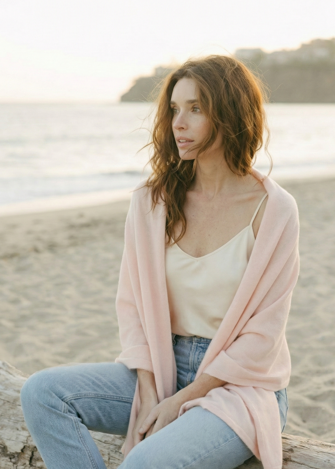 Cashmere and Wool Long Knit Travel Wrap Scarf in Light Pink.