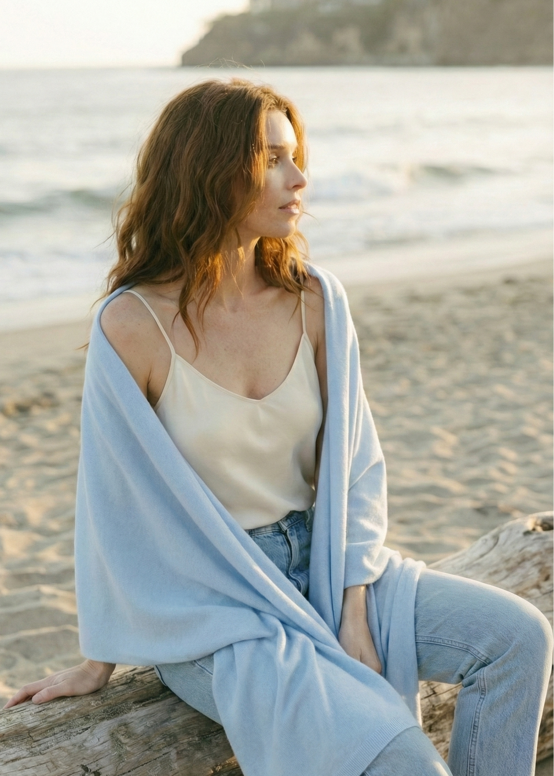 Cashmere and Wool Long Knit Travel Wrap Scarf in Light Baby Blue.