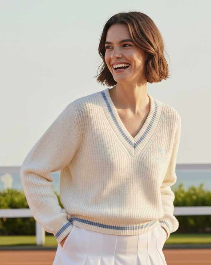 Woman standing outdoors wearing an off-white ivory ribbed knit cropped sweater with blue trim on a V-neck collar, cuffs, and hem, featuring a blue tennis racket graphic and &