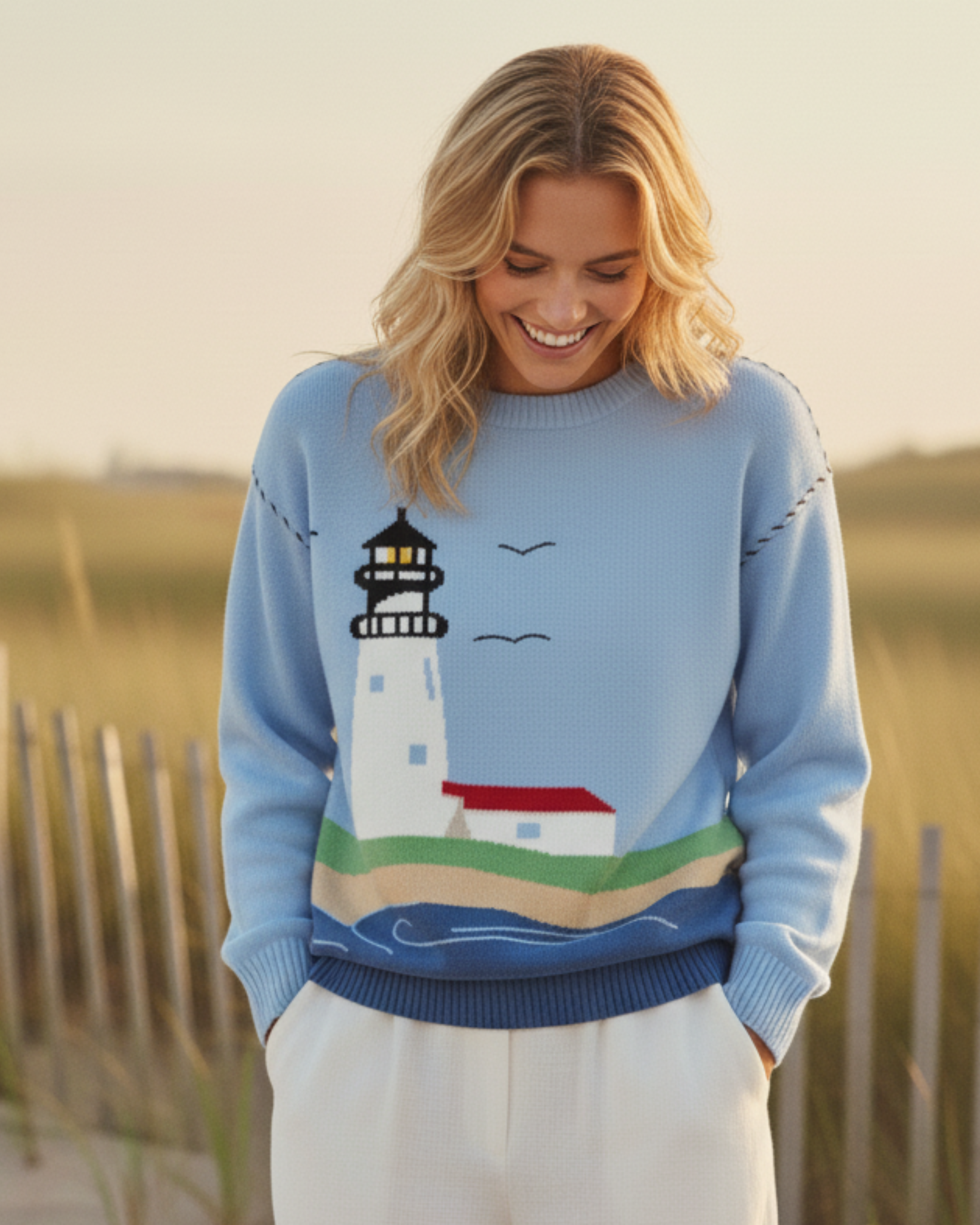 Woman wearing a blue sweater with a Nantucket lighthouse design on an east coast beach in summer. Riley ACK Lighthouse Scenery Sweater by Ellsworth + Ivey.