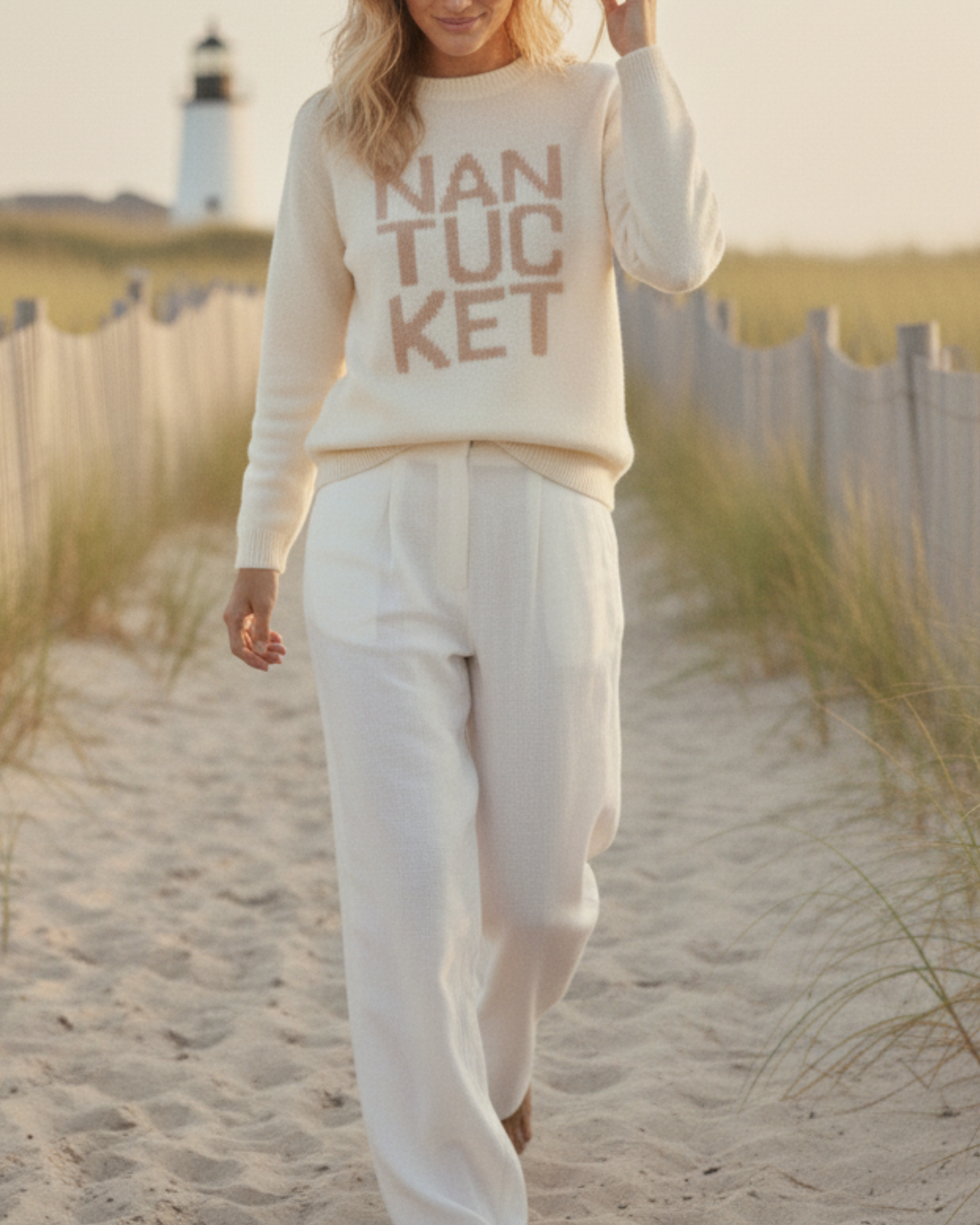 Woman walking on a sandy path with a lighthouse in the background, wearing a white ivory knit sweater with the text 'NANTUCKET' written across the chest in a bold font. Nantucket Stacked Knit Sweater by Ellsworth + Ivey.
